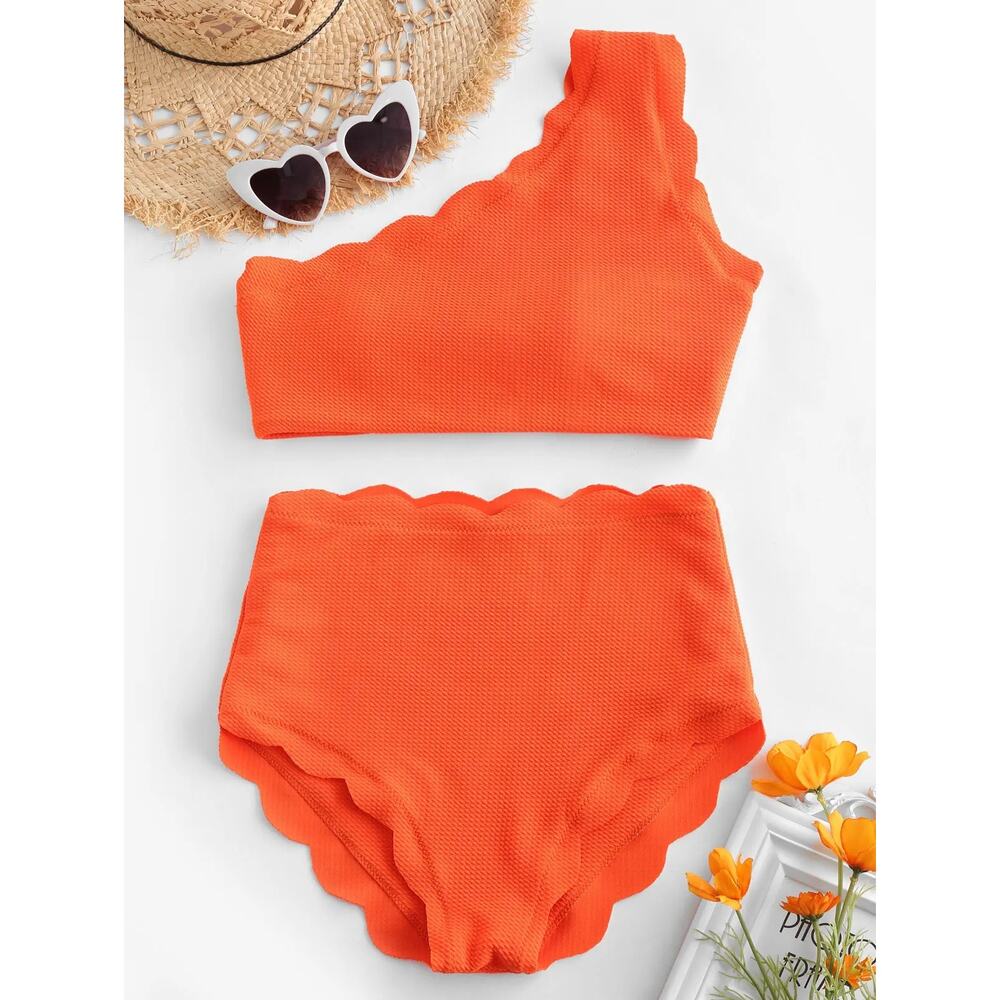 Zaful High Waisted Scalloped One Shoulder Bikini Set - Bright Orange Size 2